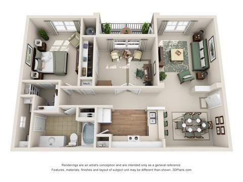 one bedroom apartment with an office floorplan